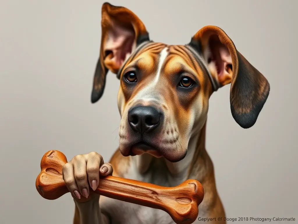 Fotografía realista de un perro Gigante Gentile con hueso, detalles