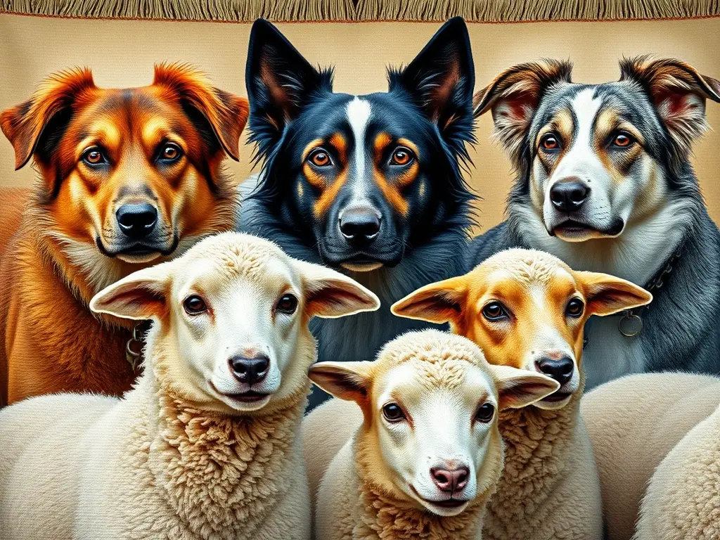 Tapestry realista de perros pastorales, trabajando y ovejas