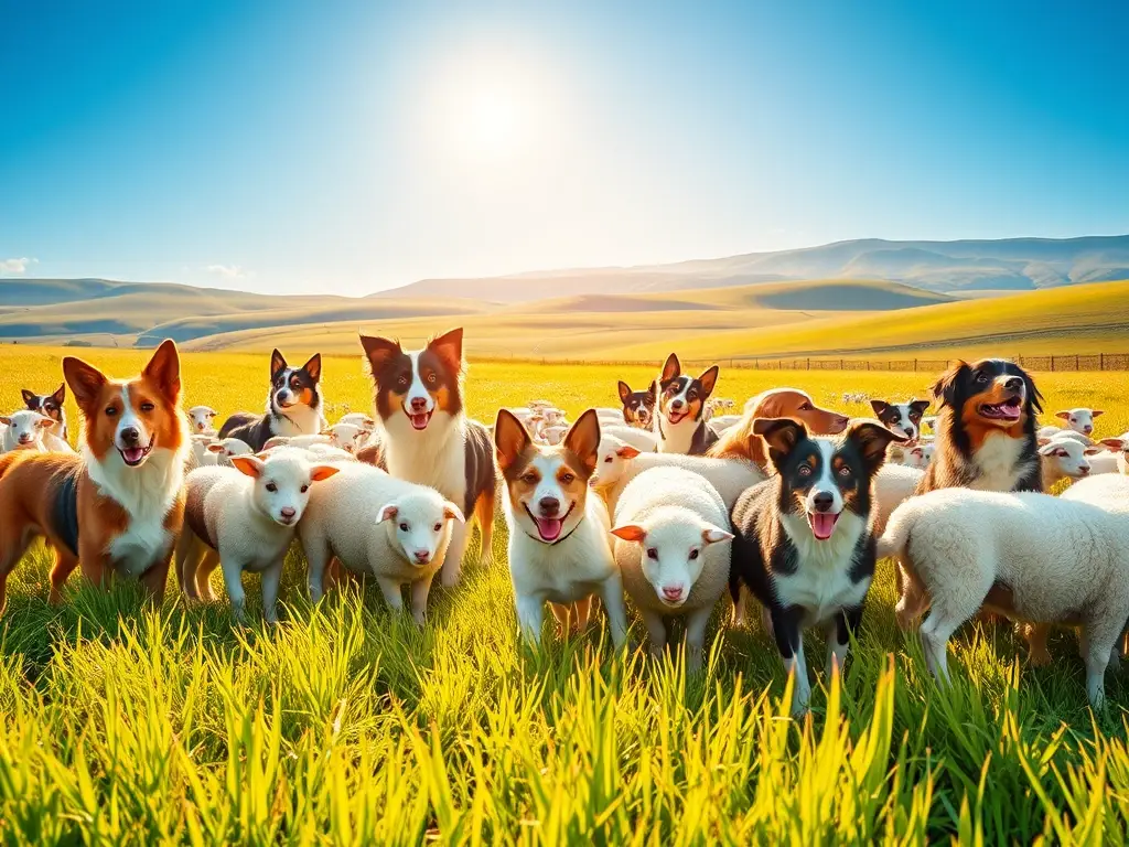 Perros pastores y ovejas en prado iluminado
