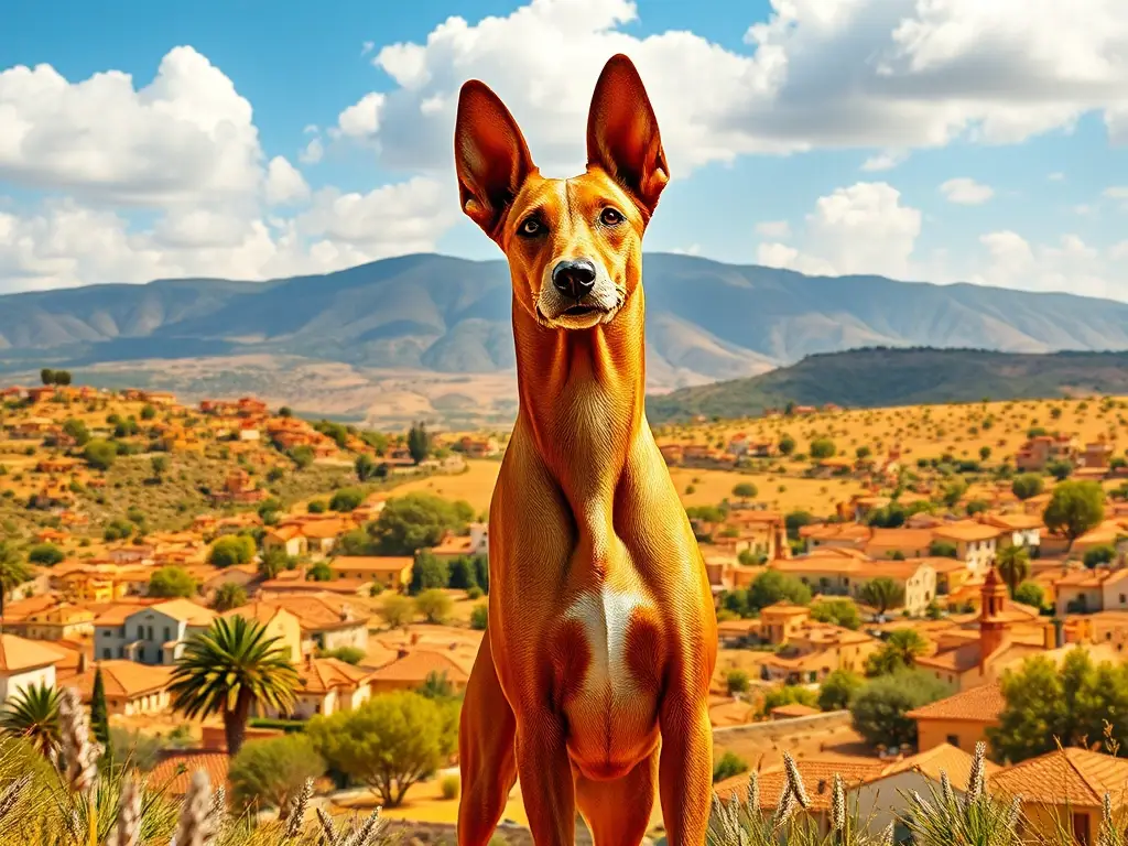 Fotografía realista del Podenco Andaluz con paisaje vibrante
