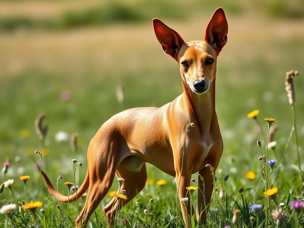 Foto realista de un Podenco Andaluz, enfoque preciso, en un prado