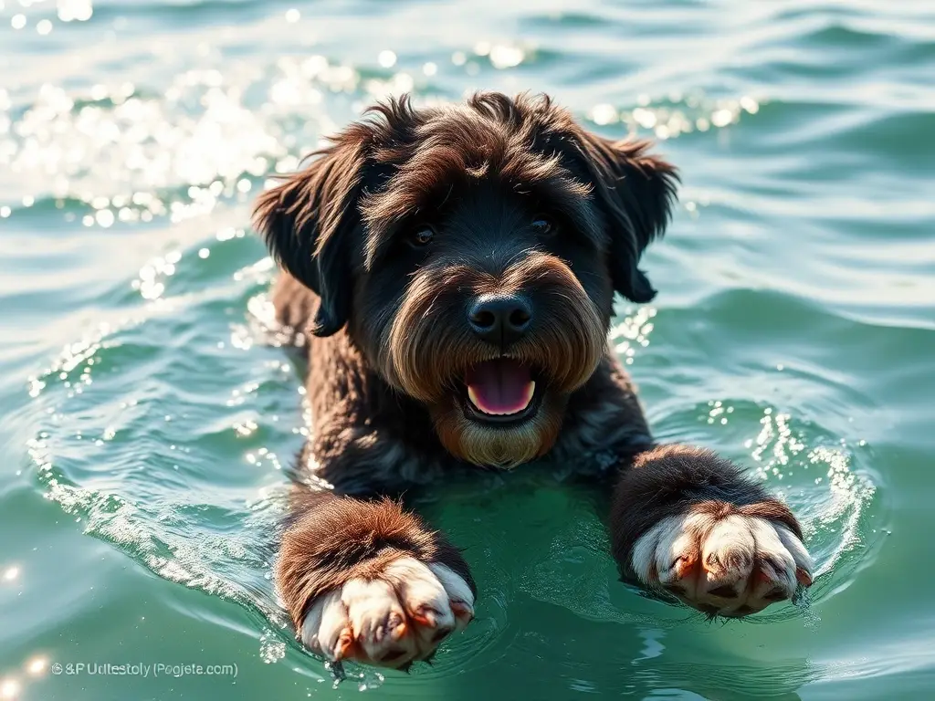 Fotorealistic retrato de un perro de agua portugués nadando en el mar
