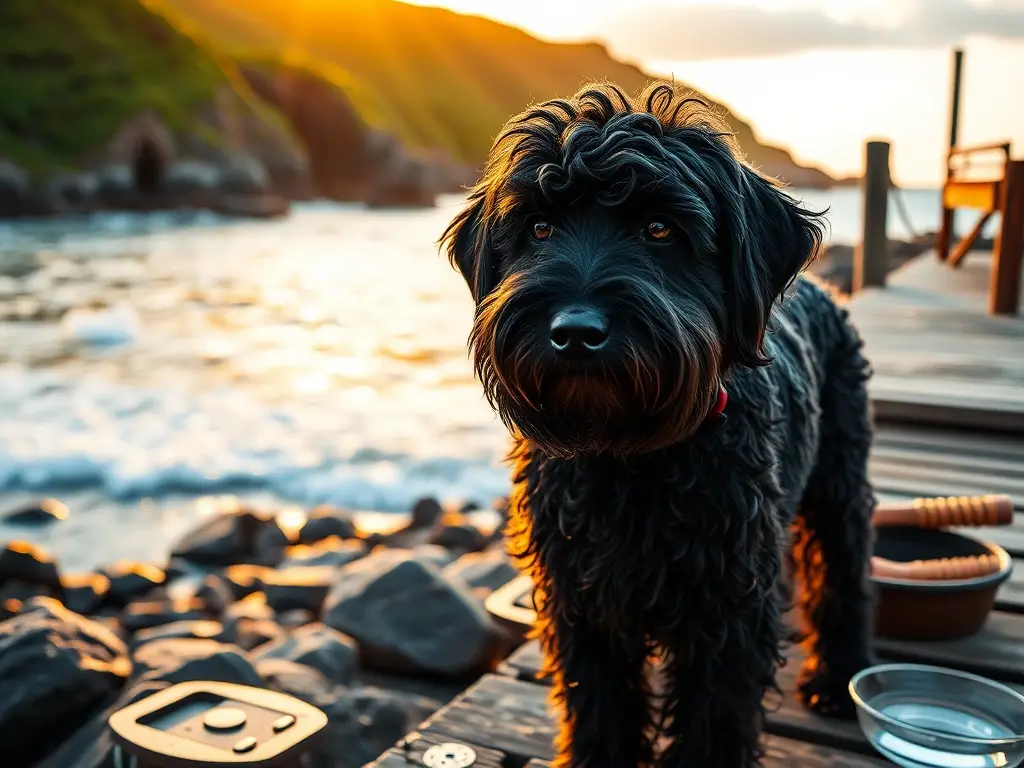 Perro portugués en costa al amanecer
