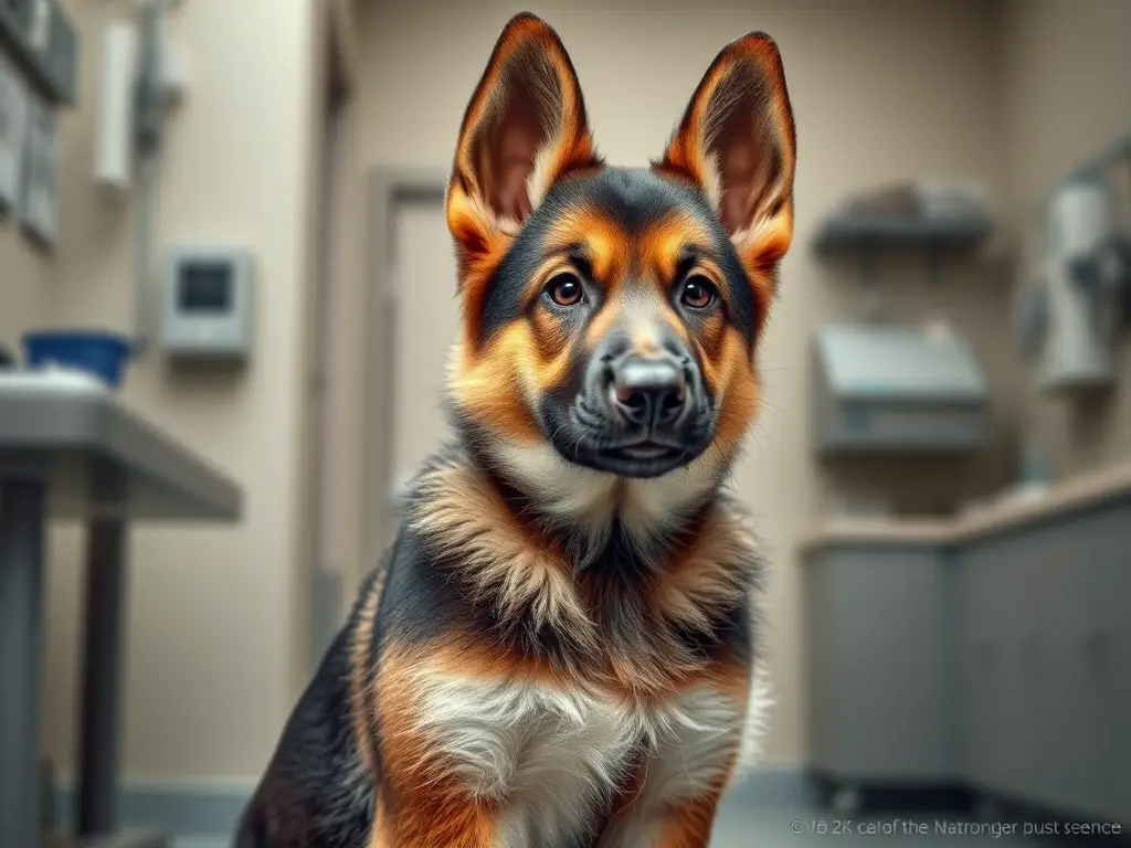 Fotografía realista de un cachorro de German Shepherd con hipotiroidismo en una clínica