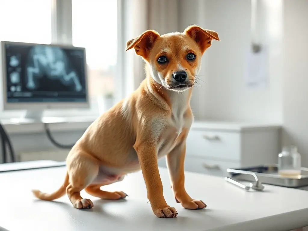 Cachorro pequeño y encorvado en mesa veterinaria