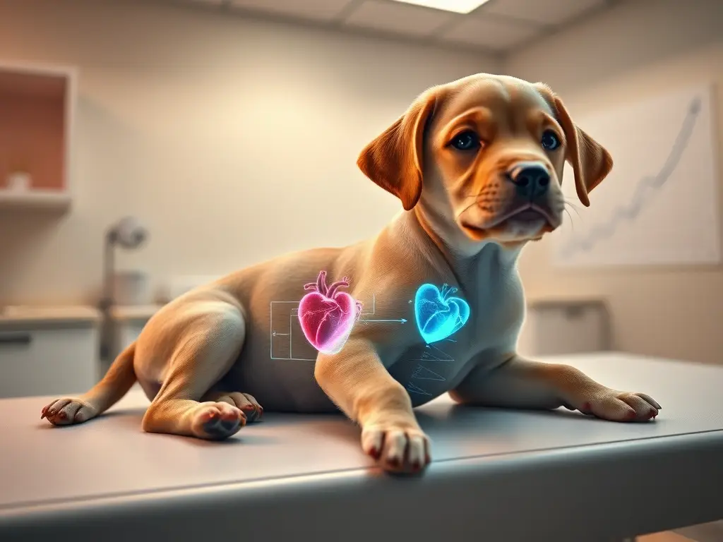 Cachorro en mesa veterinaria muestra corazón defectuoso