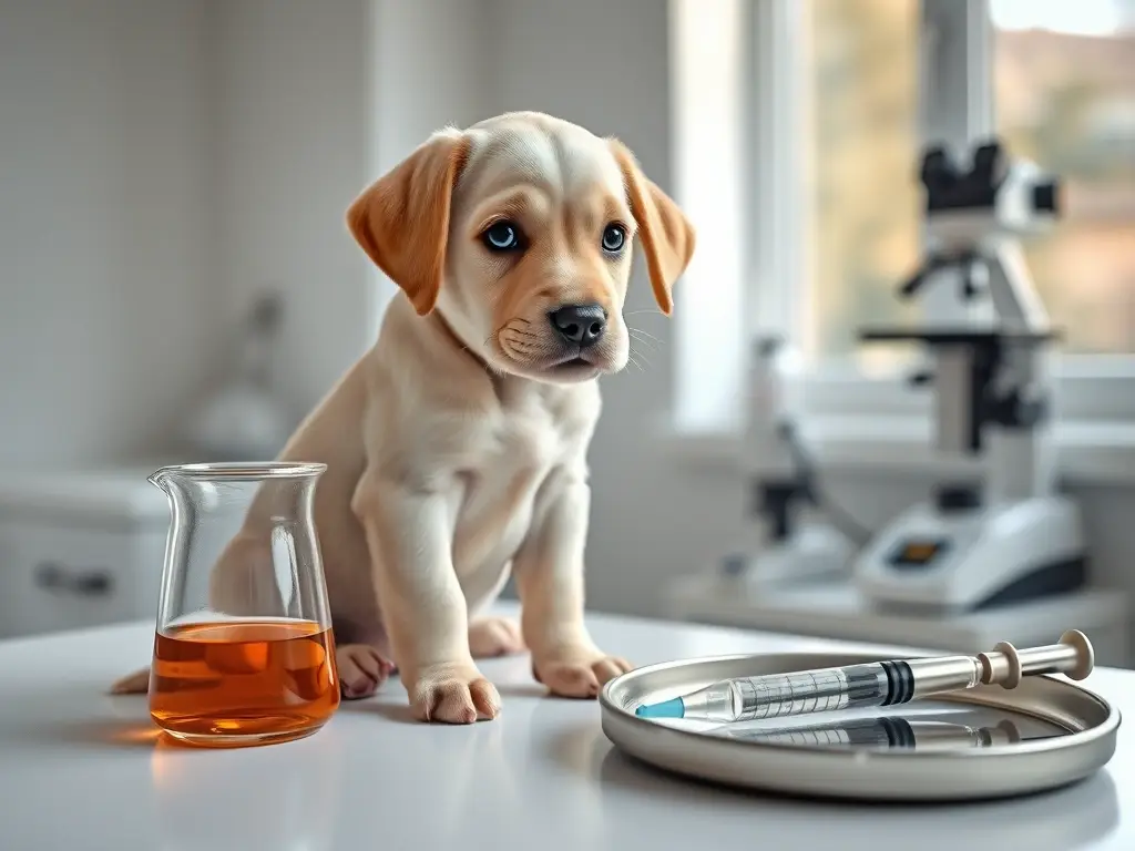 Cachorro de Labrador desnutrido, examen veterinario