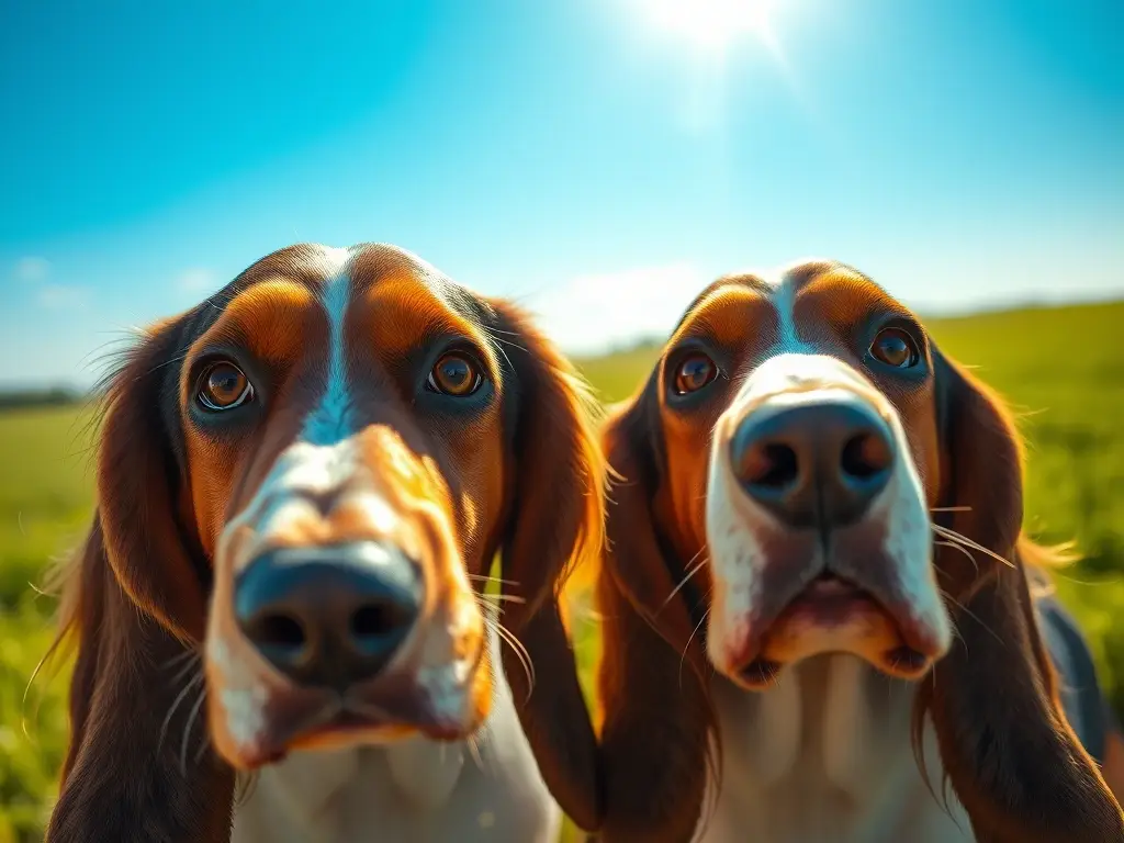 Dos basset hounds sonrientes, felices y serenos bajo el sol