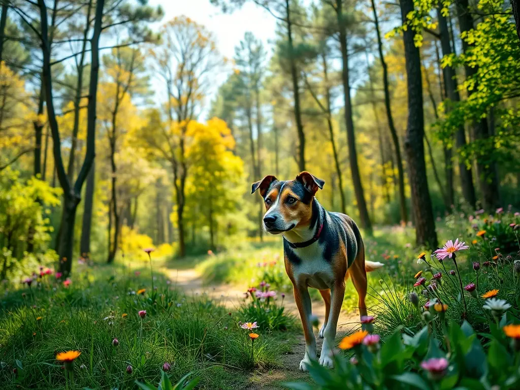 Foto realista de un perro explorador en un bosque ibero