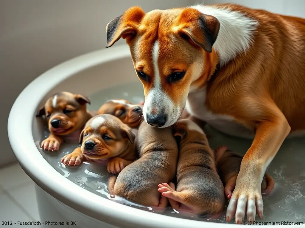 Foto realista de madre y cachorros tomando su primer baño