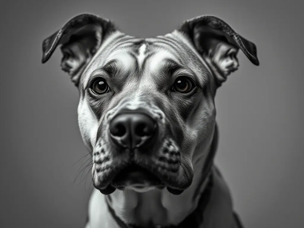 Fotografía realística de perro mestizo negro y blanco, con expresión serena y inteligente