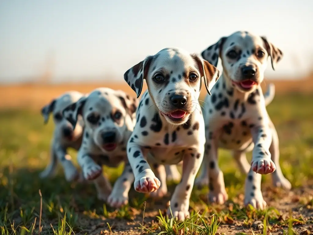Foto realista de cachorros Dalmatians jugando en un campo soleado