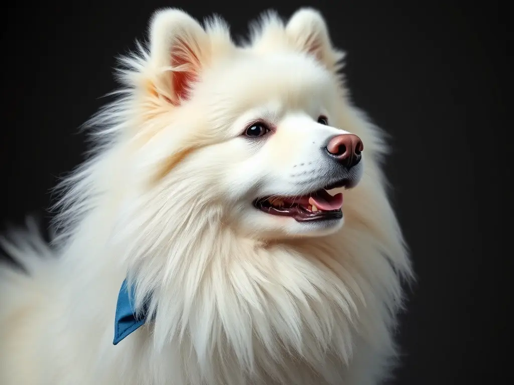 Es una imagen realista de un Samoyed con una bufanda azul