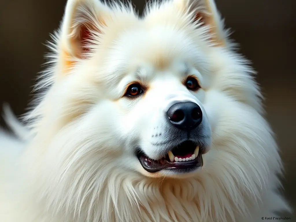 Fotografía hiperrealista de Samoyed con cara frontal, foreshortening