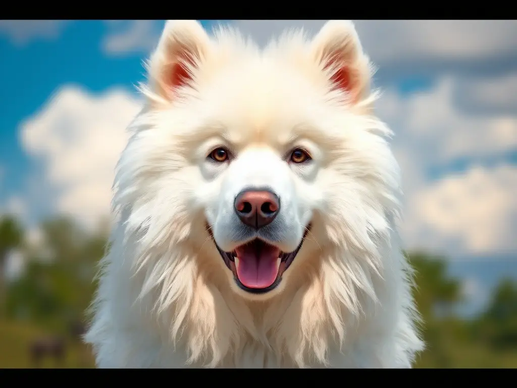 Foto realista de Samoyed contemplativo con cielo azul