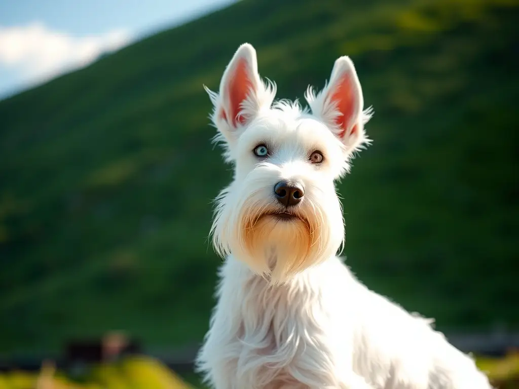Fotorealistic imagen de un Schnauzer Caucasian blanco con sol en el pelo a 8k