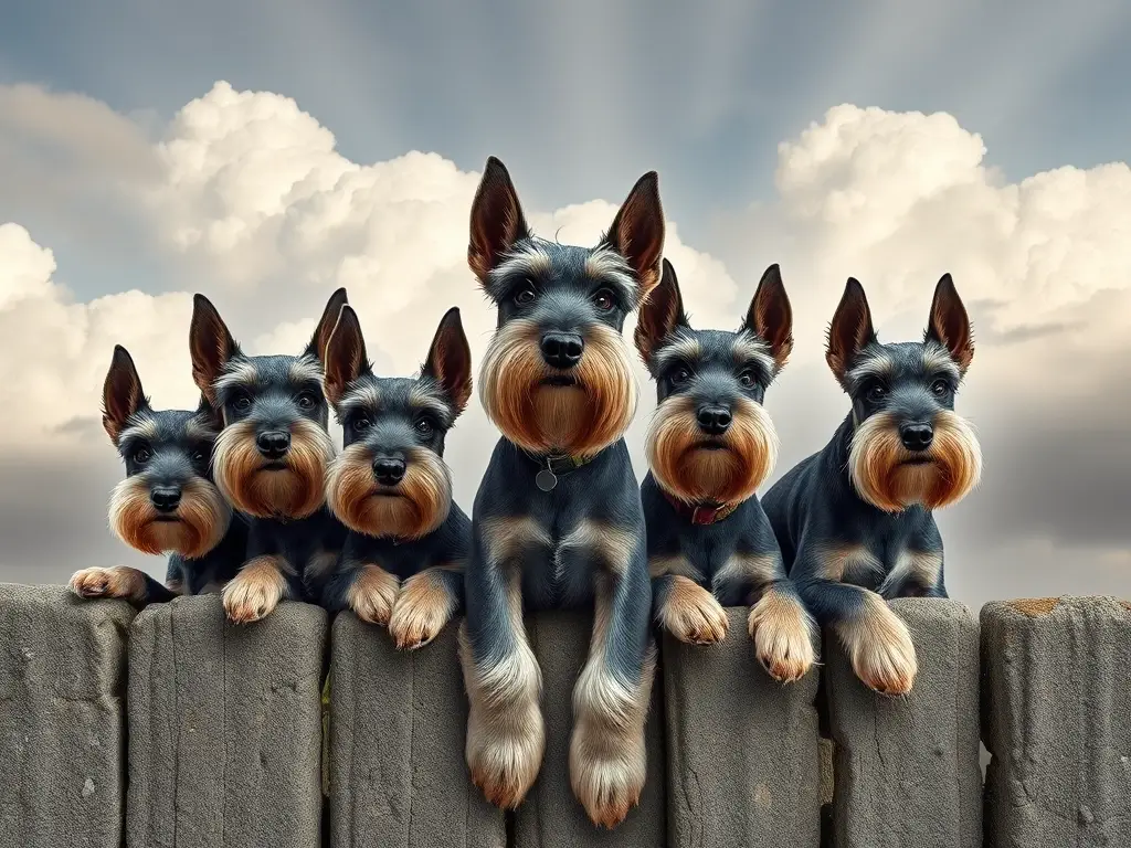 Foto realista de cinco schnauzers de diferentes tamaños con un muro de piedra