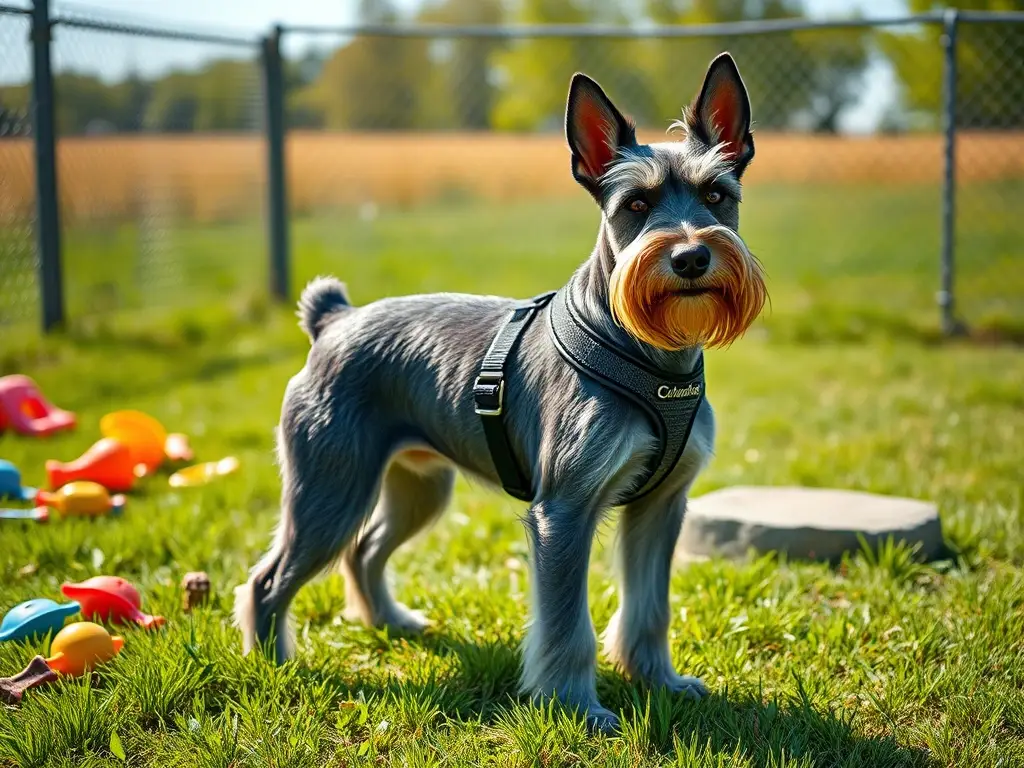 Imagen realista de Schnauzer en un patio con juguetes y accesorios