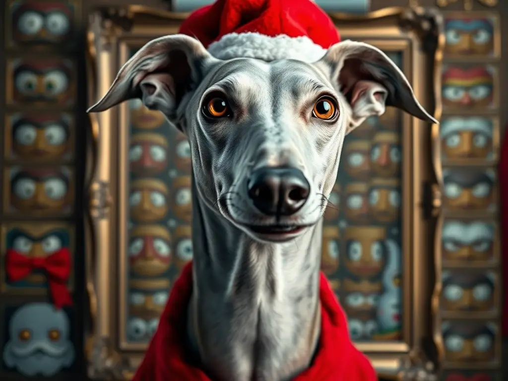 Fotografía realista de un Greyhound con personalidad en un marco de fotografías