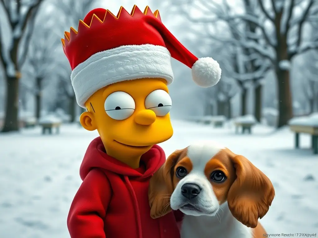 Imagen fotorealista de Bart Simpson con un cachorro Cavalier King Charles con un gorro de Navidad