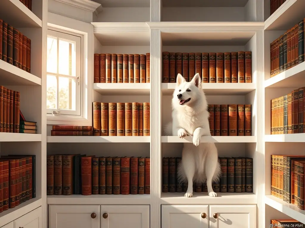 Foto realista de un libro de razas de Spitz en una biblioteca con luz natural