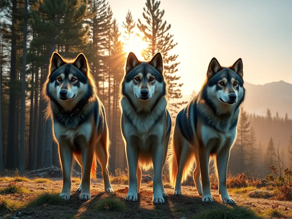 Tres lobos perrunos en bosque al amanecer