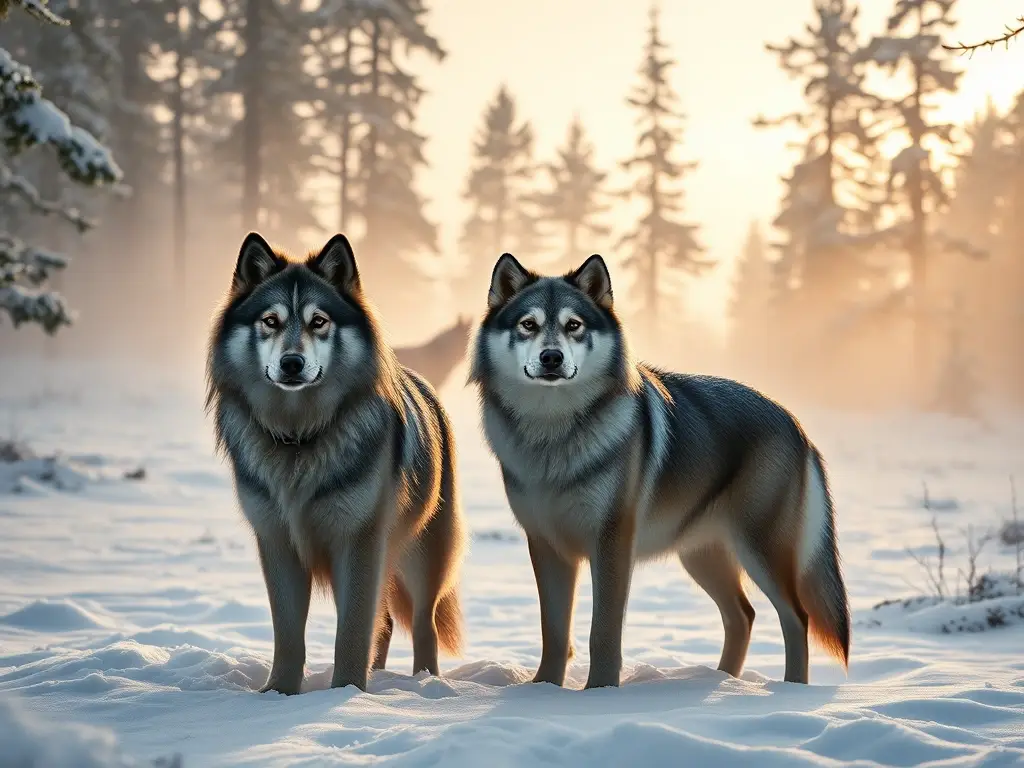 Perros nórdicos en amanecer nevado épico