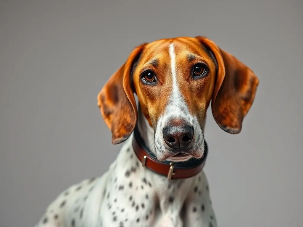 Photorealistic masterpiece of a Bracco Italiano gazing intensely, detailed and with a leather collar