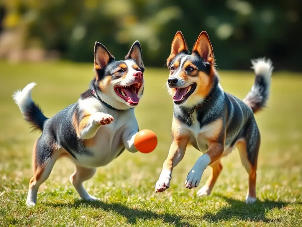 Fotografía realista de un Brujiler y un Blue Heelers jugando fetch en un césped verde