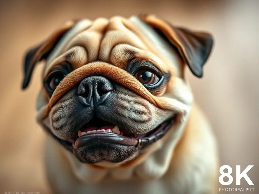 Imagen realista de un pugs jugando, con nitidez y expresion natural