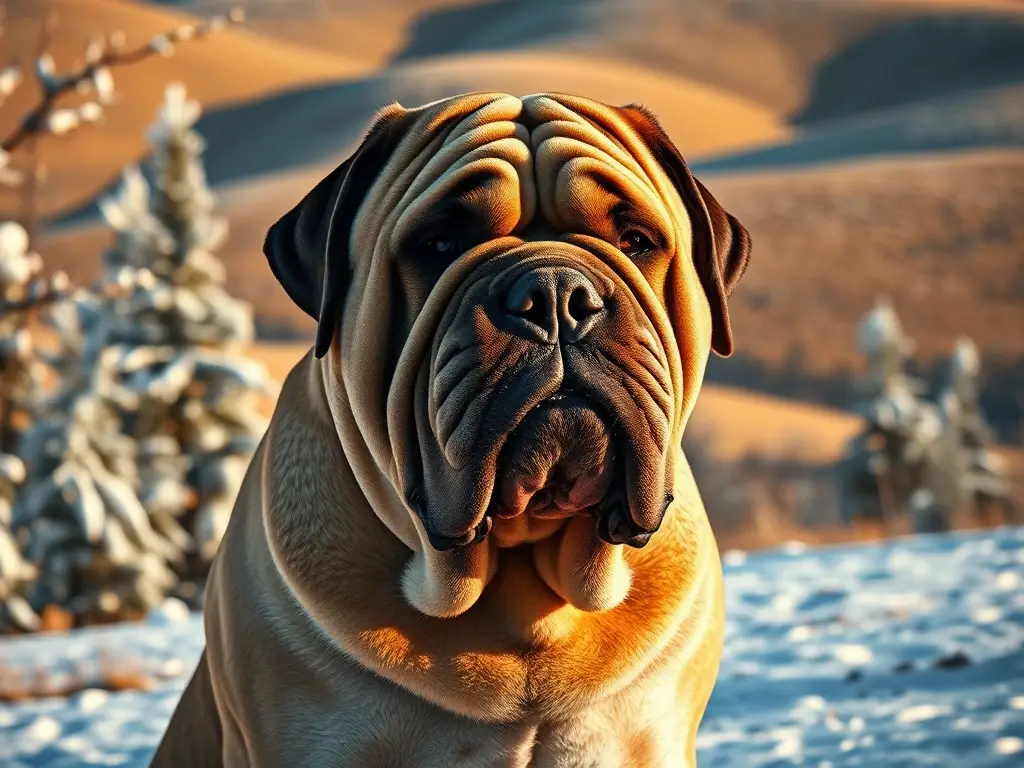 Un Bullmastiff majestuoso se refleja en un paisaje invernal