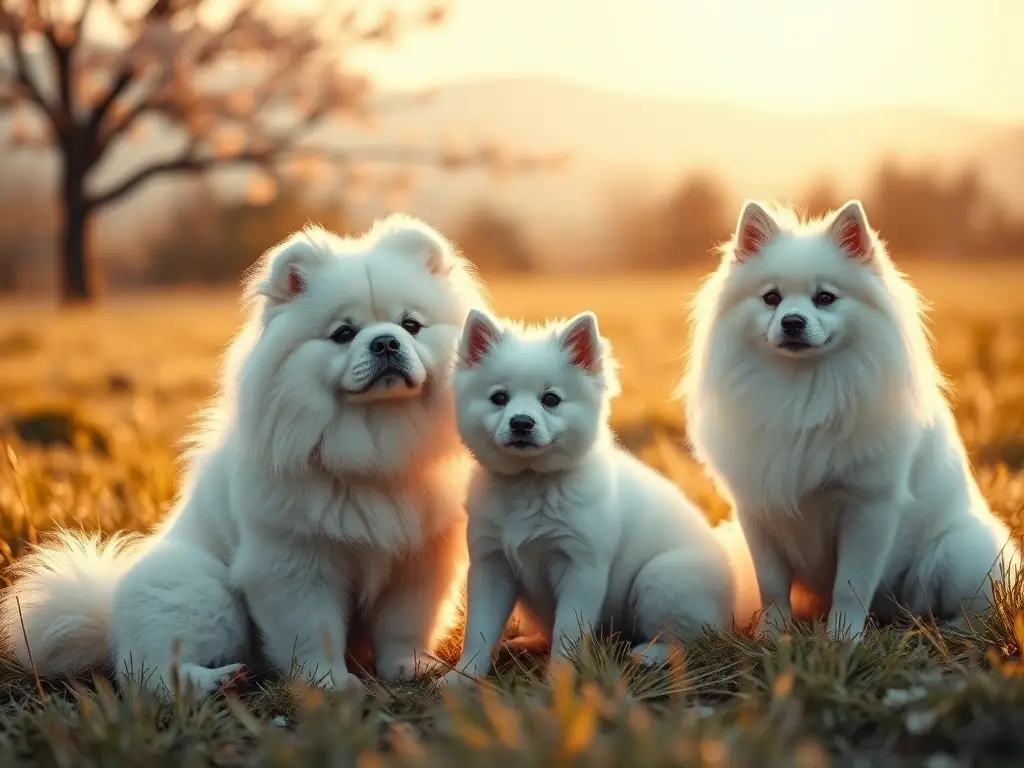 Perros chinos blancos reunidos en prado dorado