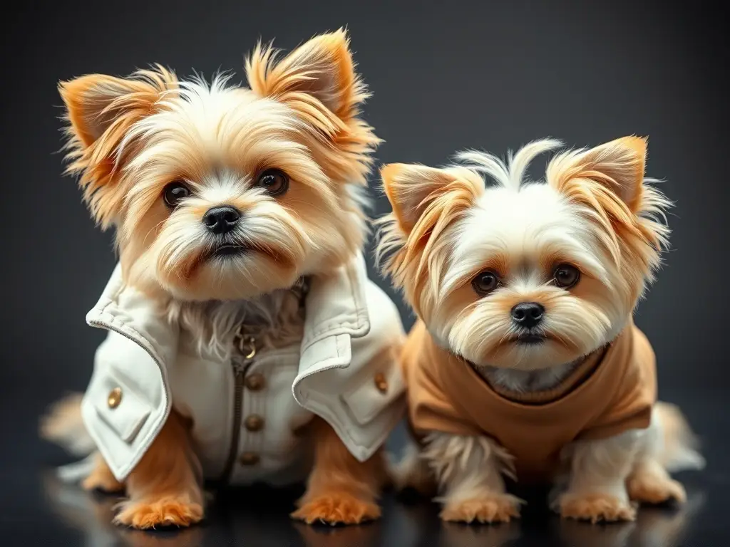 Fotografía de Yorkie Poo y Chorkie con un atuendo chic