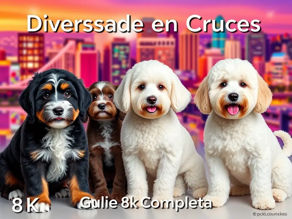 Cover artístico de perros de raza híbrida en un escenario urbano