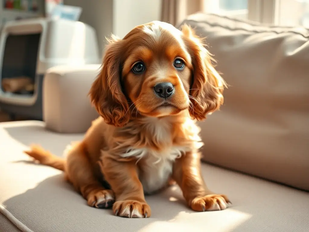 Fotografía realista de un cachorro de Cocker Spaniel con caricias y una postura relajada