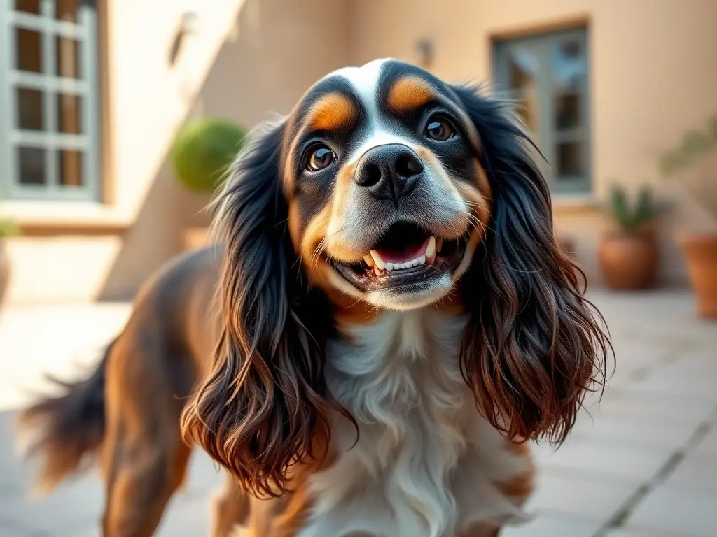 Fotorealistic dog photo, smiling, in a sunny courtyard