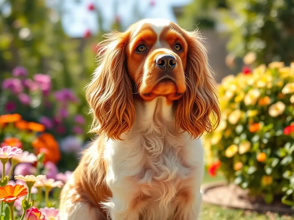 Fotografía realista de un Cocker Spaniel en un jardín soleado