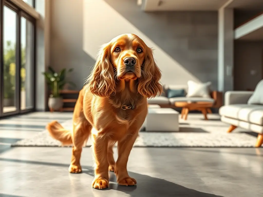 Un retratista de Golden Cocker Spaniel en luz solar con una expresión tranquila