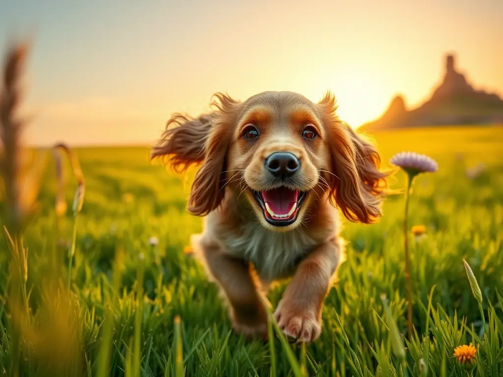 Un labrador feliz y saludable corre con libertad por un campo verde
