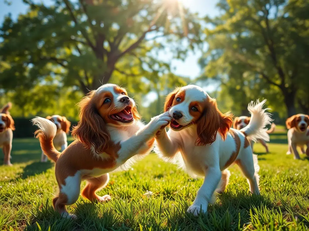 Un cuadro realista de Cocker Spaniel felices jugando en un parque soleado