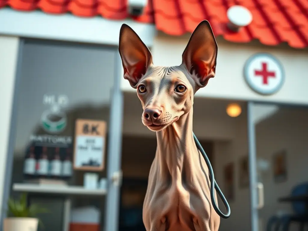 Imagen detallada de un Xoloitzcuintli ante una clínica veterinaria
