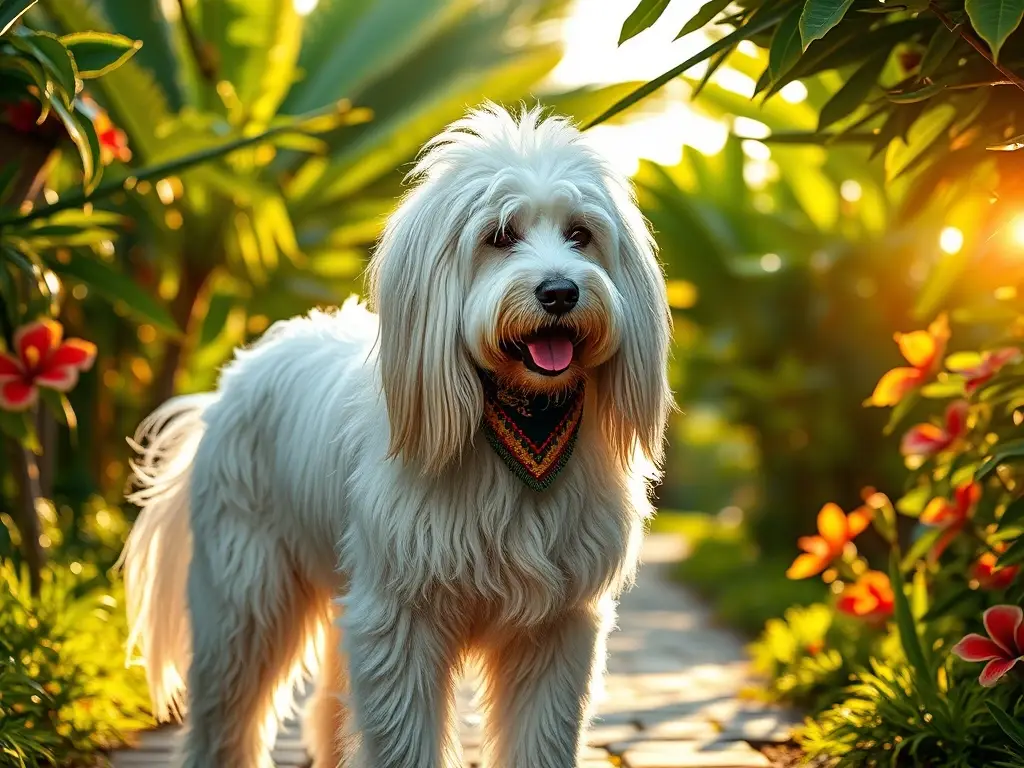 Majestuoso Komondor en jardín tropical