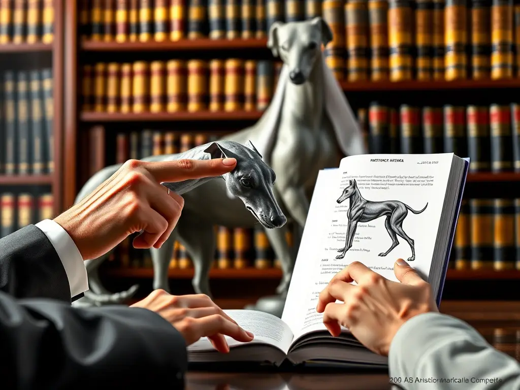 Una fotografía realista de un perro gris y un libro de derecho