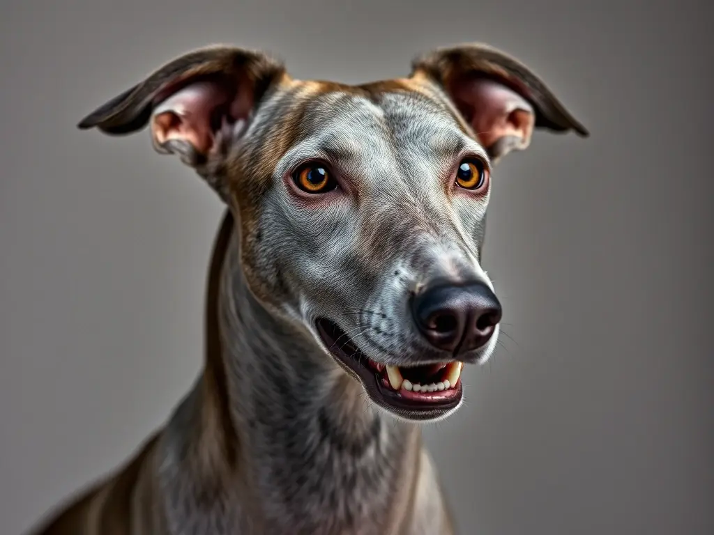 Foto realista de un perro gris mestizo y amistoso