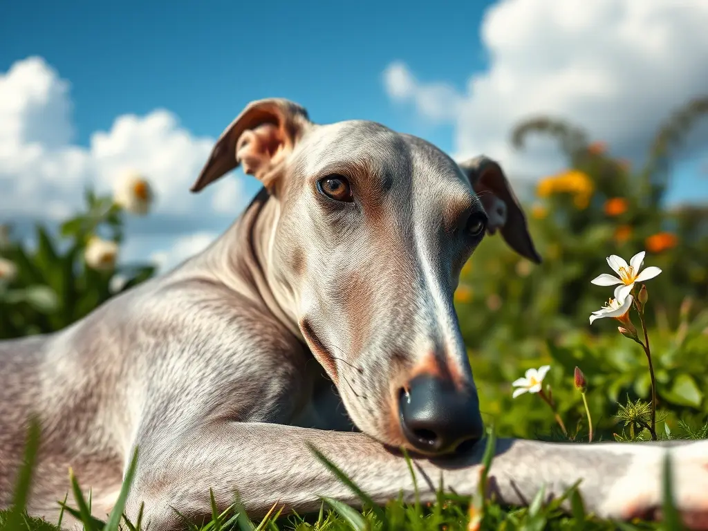 Un majestuoso retrato de un Greyhound tranquilo en un jardín