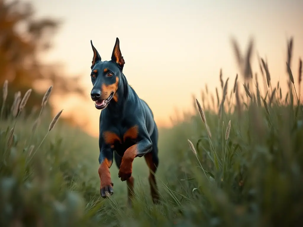 Fotografía realista del Doberman corriendo en césped al amanecer