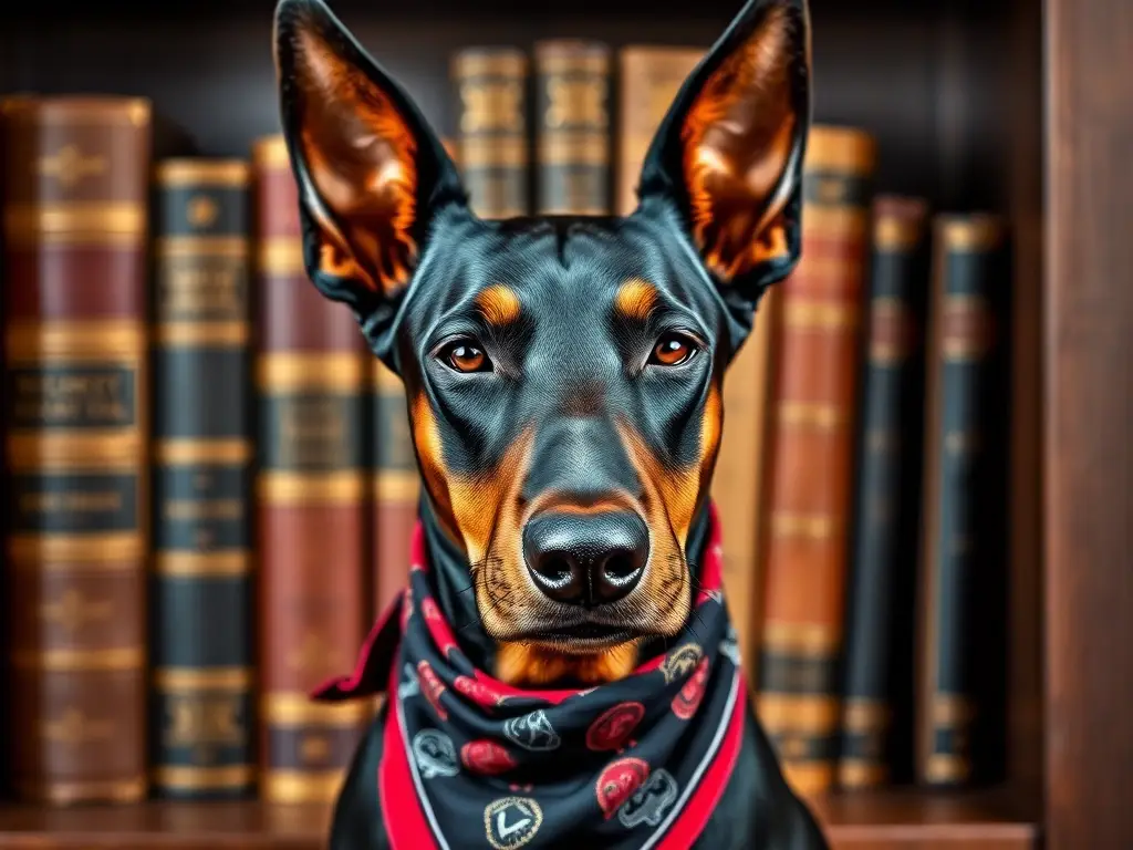 Foto realista de Doberman con bandana rebelde, en un estante de libros vintage