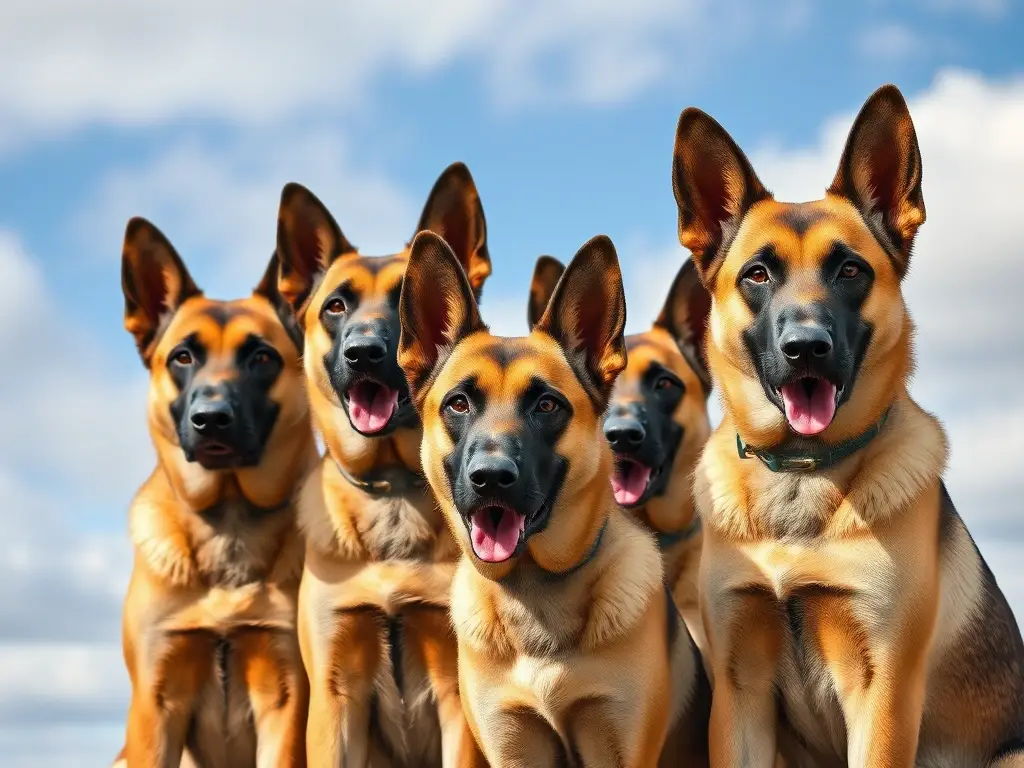 Foto realística de cuatro Malinois, cielo nublado