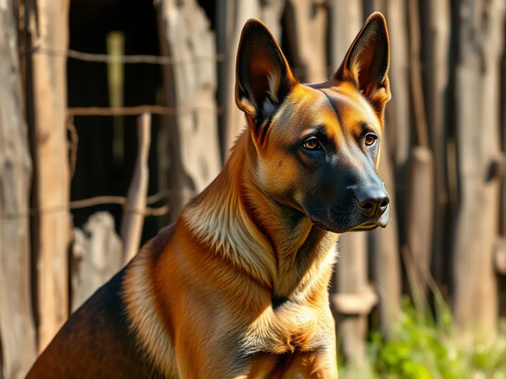 Imagen realista de un pitbull belga marrón y negro, con músculos y mirada determinada, con luz solar