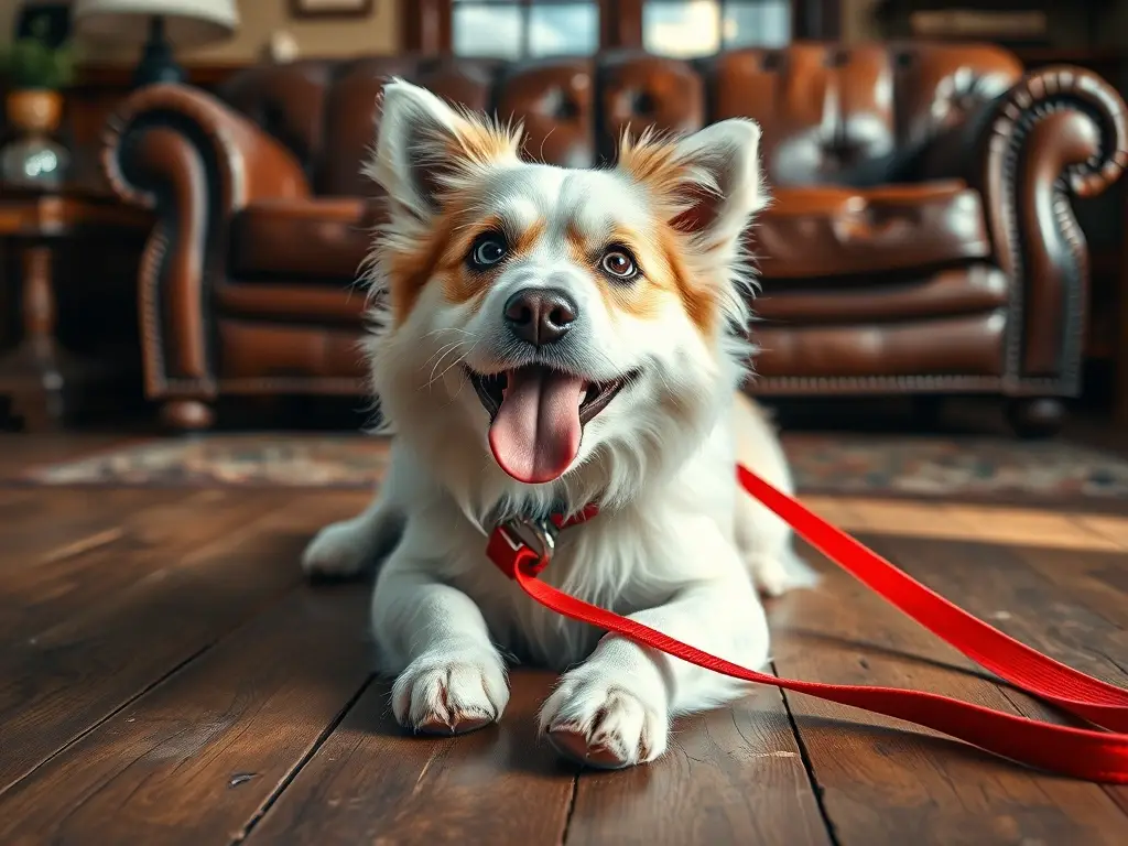 Un perro juguetón con unLabs con ojos azules, baila con emoción